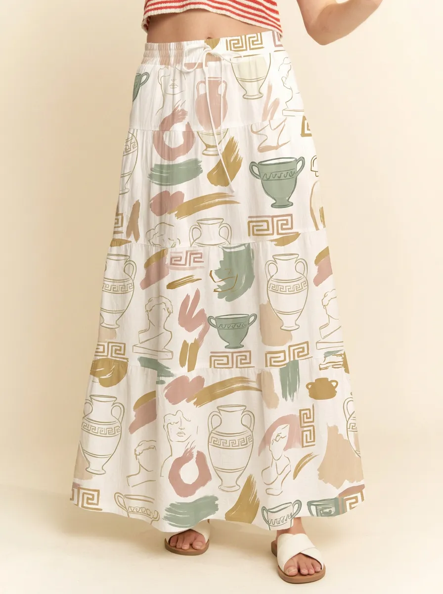Women's Greek Art Lover Statue Vase Printed Maxi Skirt