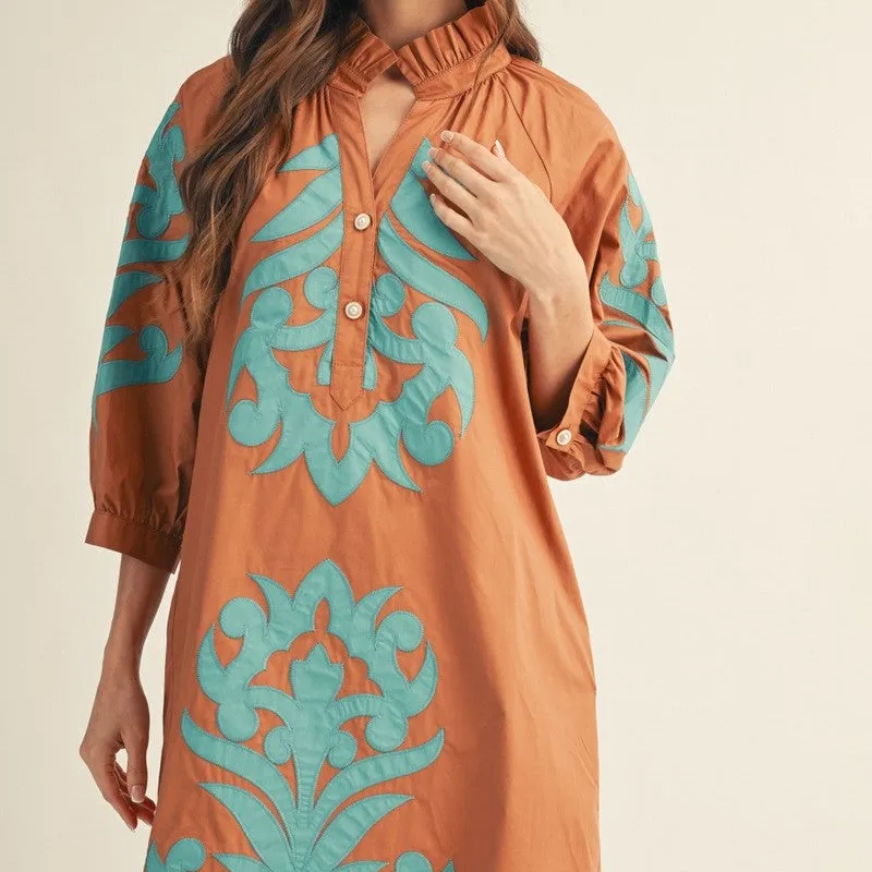 Floral Ruffle Detail Puff Sleeve Button Front Shift Dress