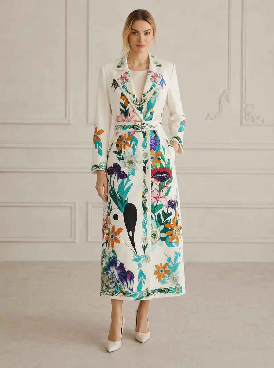 Women's Botanical Art Floral Abstract Printed Trench Coat