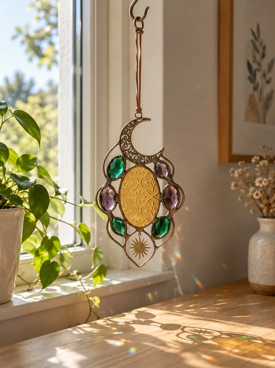 Boho Celestial Moon Sun Gemstone Crystal Suncatcher