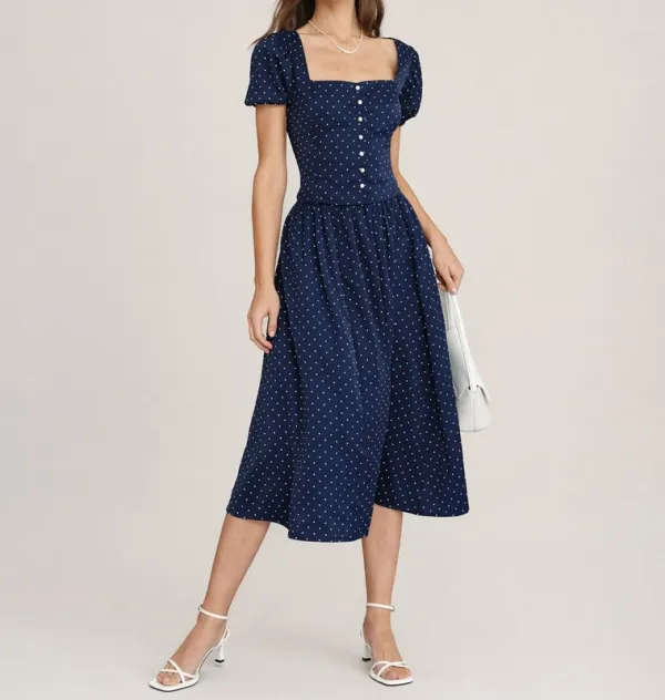 Blue Square Neck Polka Dot Blouse