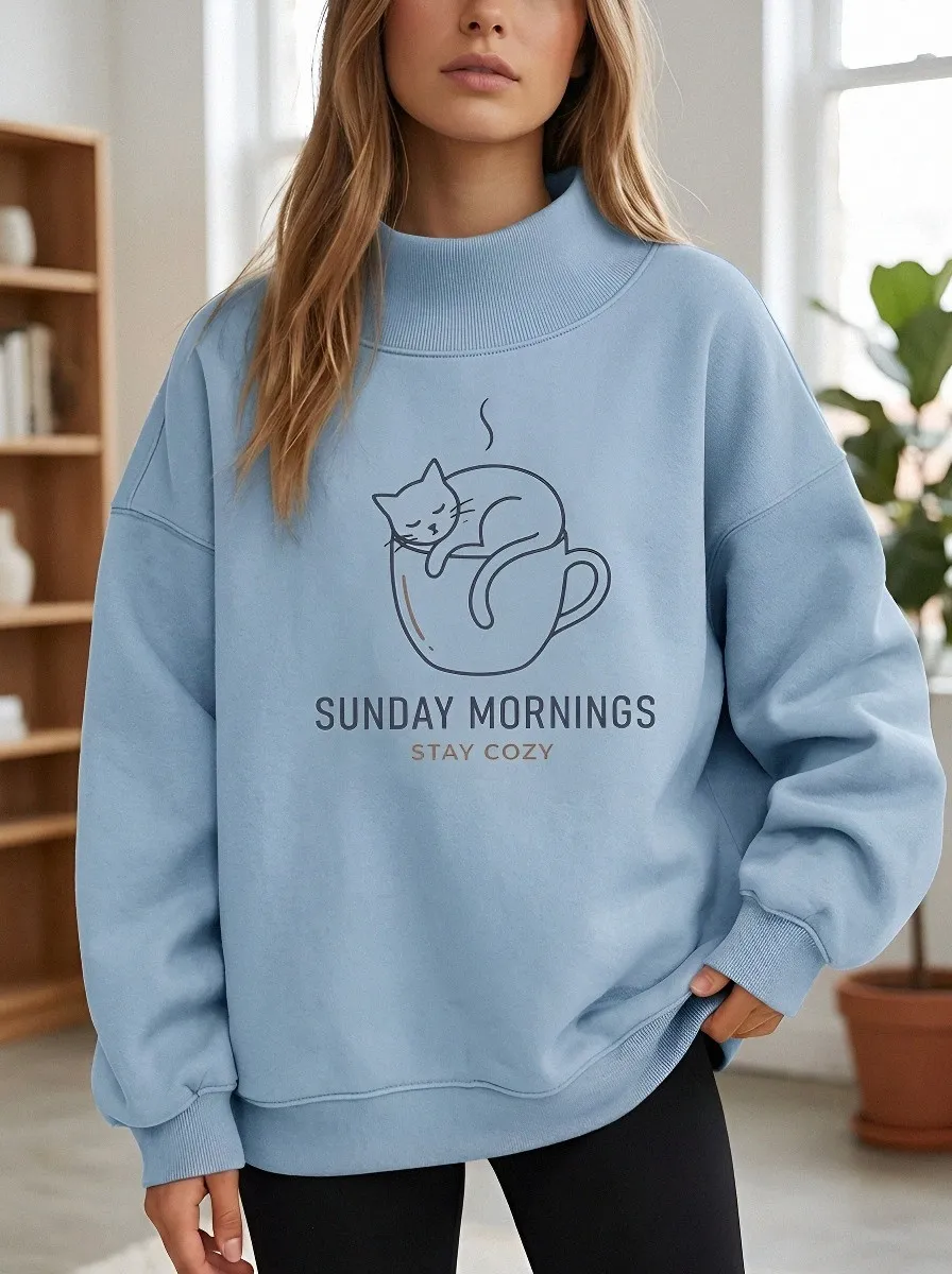 Women's Sunday Morning Cat Coffee Lover Printed Sweatshirt