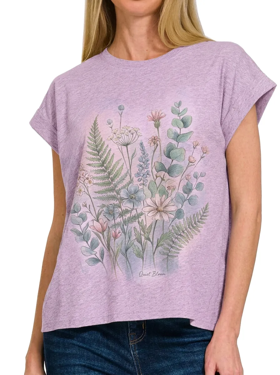Women's Botanical Nature Lover Wildflower Fern Printed T-shirt