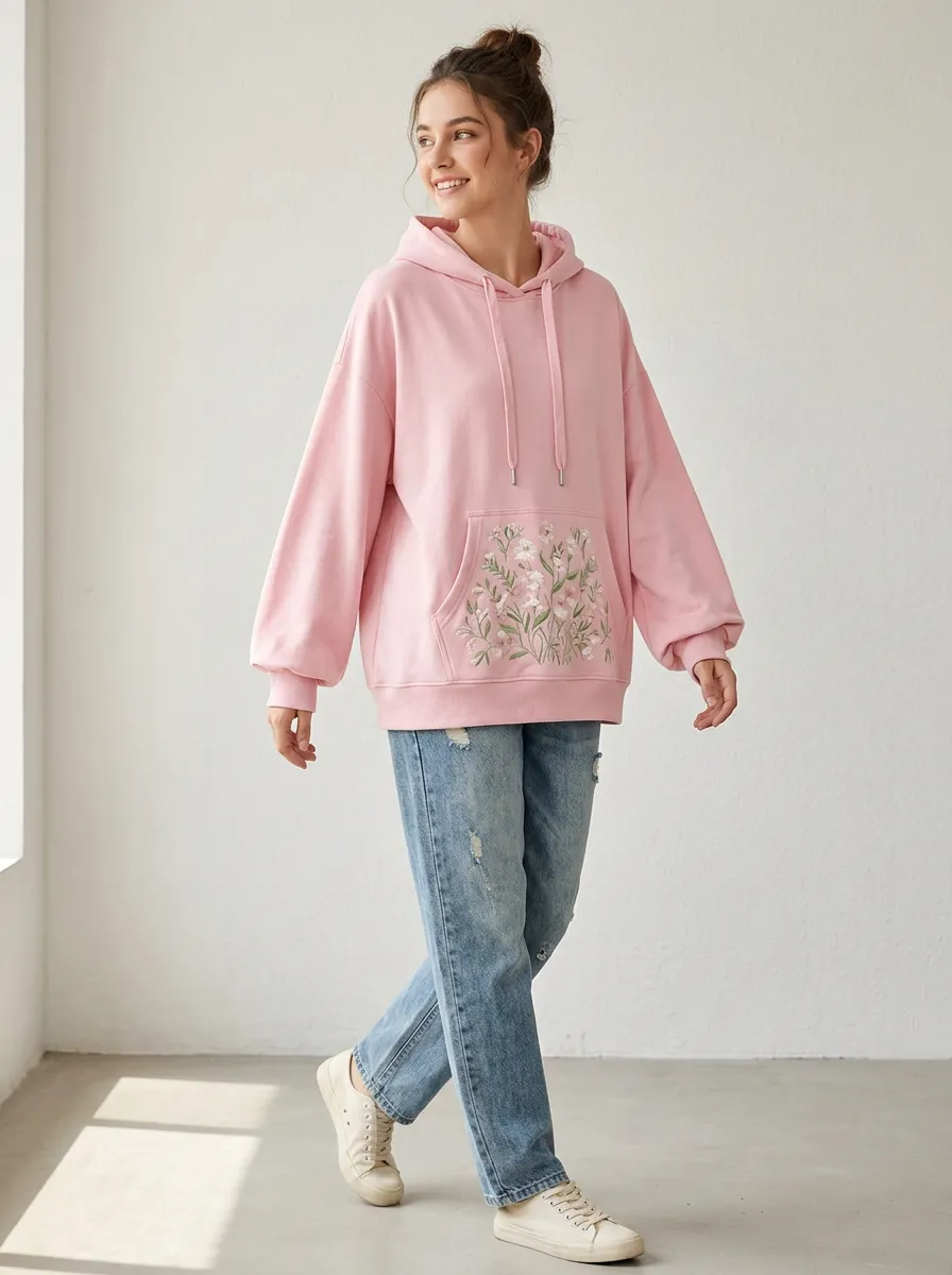 Women's Pink Floral Embroidered Pullover Hoodie