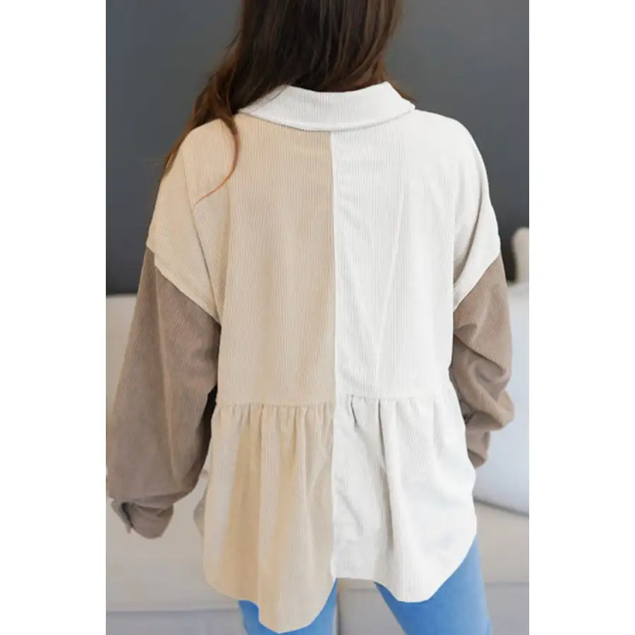 Color Block Collared Neck Drop Shoulder Shacket Jacket