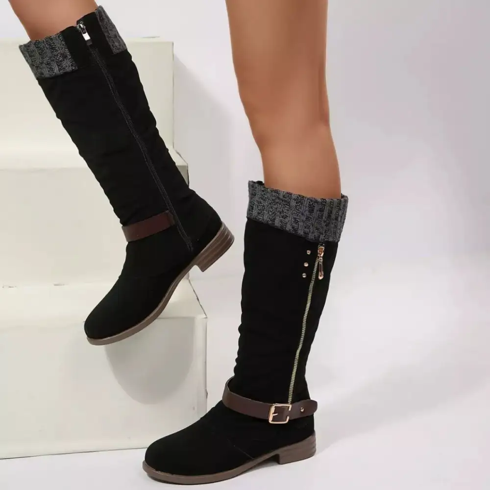 Ruffled Round Toe Block Heels Boots