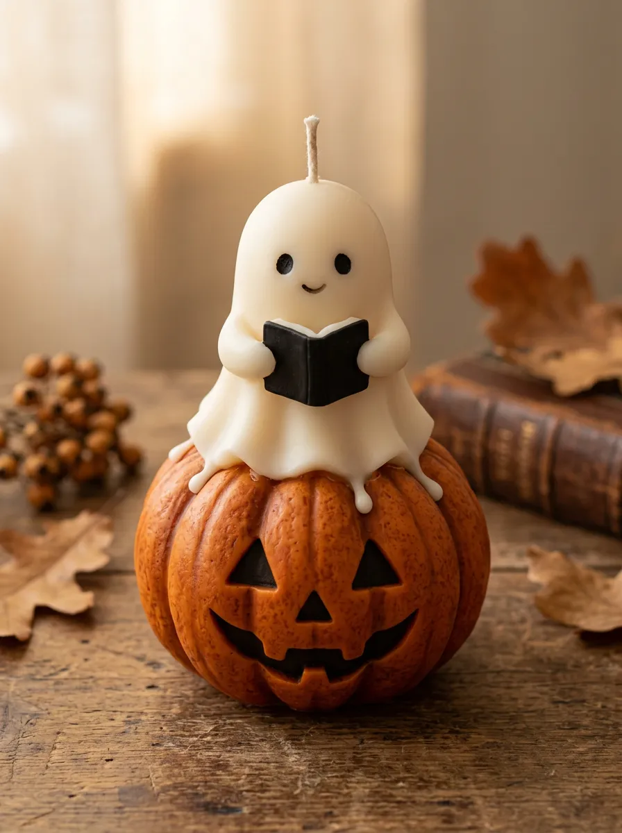 Halloween Ghost Reading on Pumpkin Decorative Candle