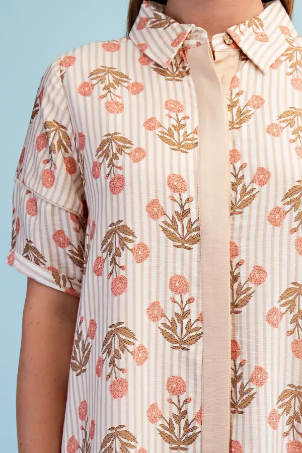 Modern Floral Striped Short Sleeve Collared Dress