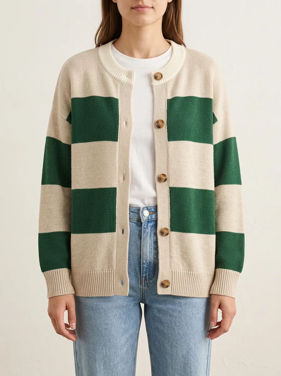 Textured Distinctive Rugby Striped Knit Cardigan