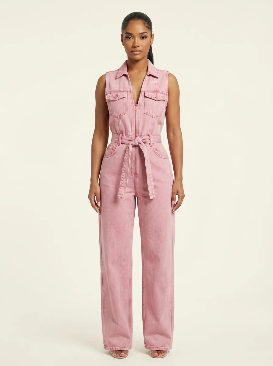 Pink Contemporary Floral Embroidered Sleeveless Denim Jumpsuit