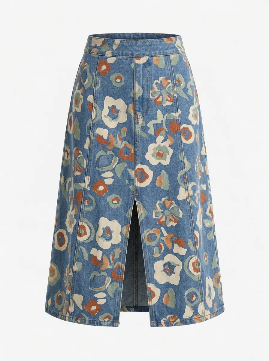 Women's Vintage Floral Pattern Denim Printed Midi Skirt
