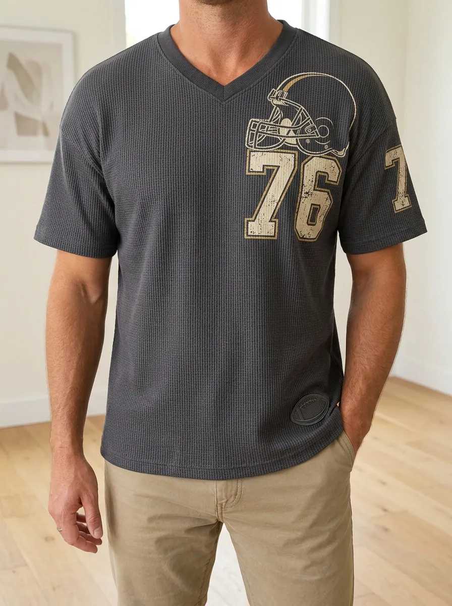 Men's Football Fan Helmet 76 Number Printed Waffle V-Neck Top