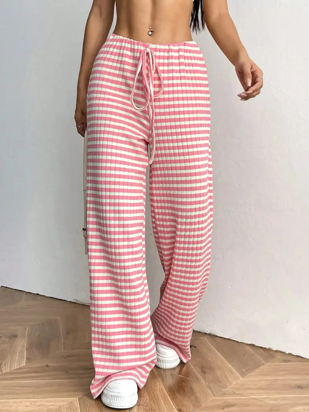 Wide Leg Drawstring Striped Casual Pants