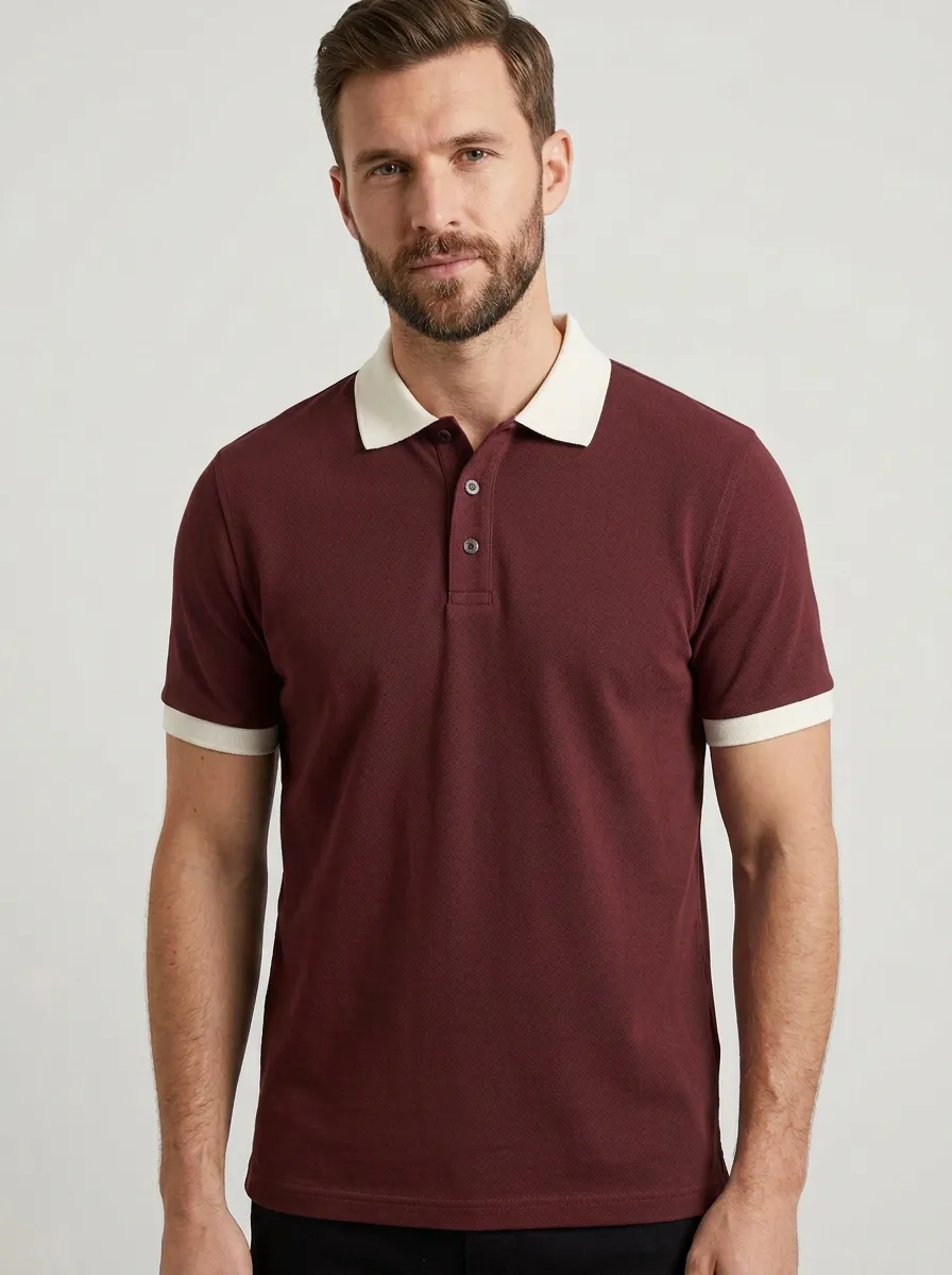 Men's Modern Knit Ribbed Textured Contrast-Collar Contrast-Trim Polo Shirt