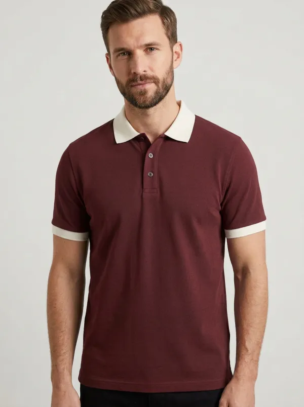Men's Modern Knit Ribbed Textured Contrast-Collar Contrast-Trim Polo Shirt