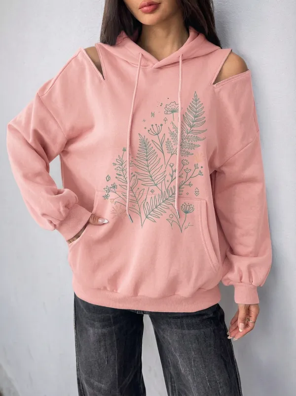 Women's Botanical Fern Floral Printed Cold Shoulder Hoodie