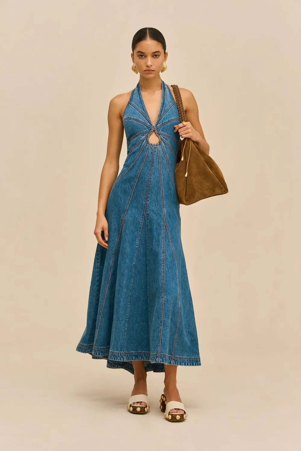 Alina Halter Denim Maxi Dress