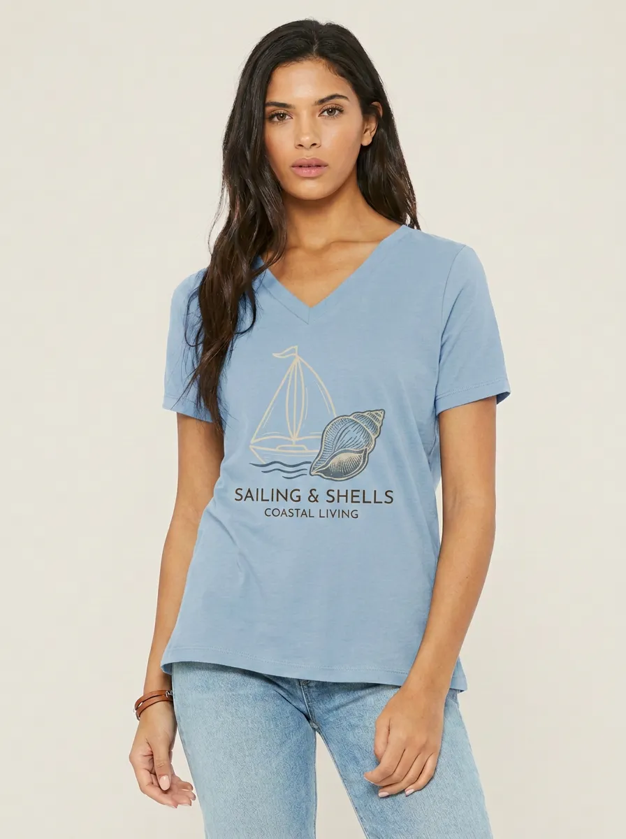 Women's Coastal Living Sailing Shells Printed V-Neck T-Shirt