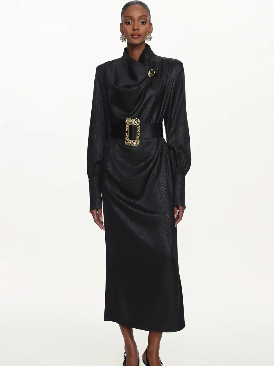 Azariah Cowl Neck Long Sleeve Belted Maxi Dress