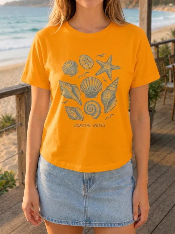 Women's Beach Lover Coastal Notes Seashell Starfish Printed T-shirt