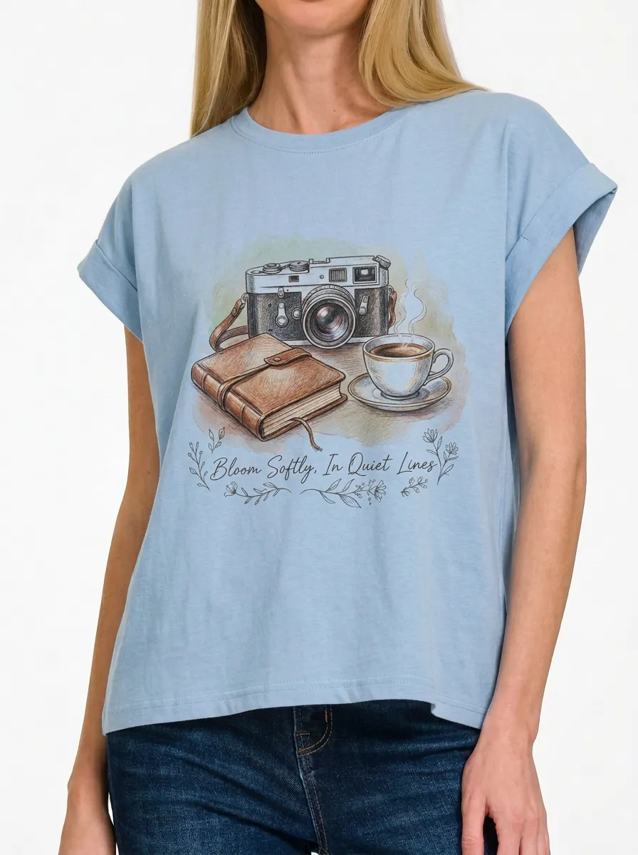 Women's Photography Lover Camera Coffee Book Printed T-shirt