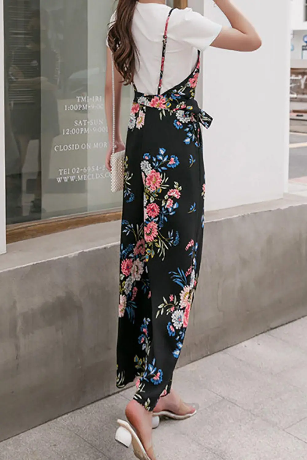 Floral Spaghetti Strap Wide Leg Jumpsuit Accessory