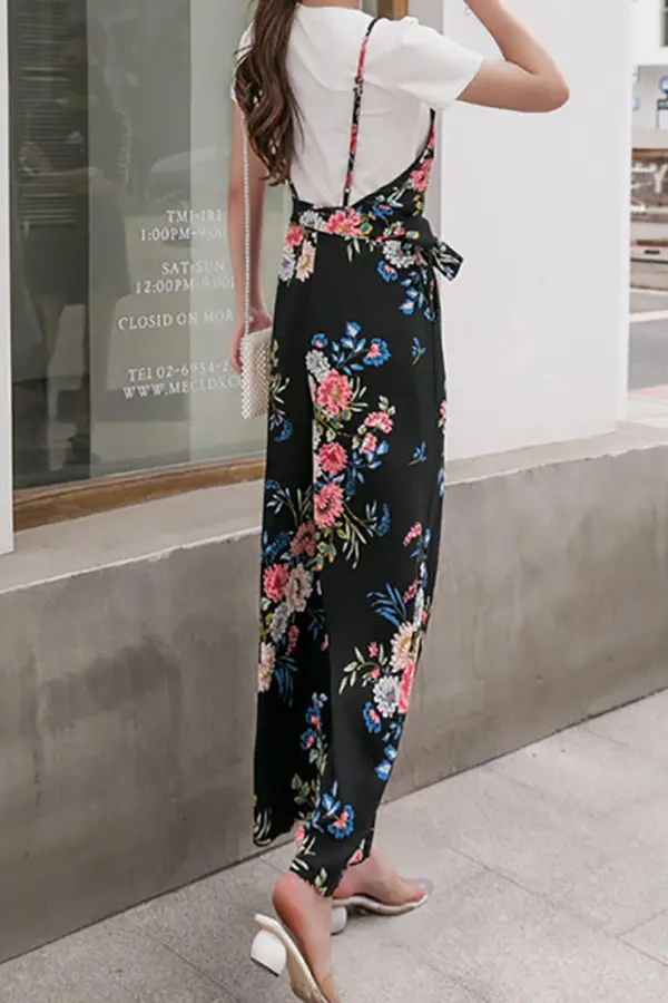 Floral Spaghetti Strap Wide Leg Jumpsuit Accessory