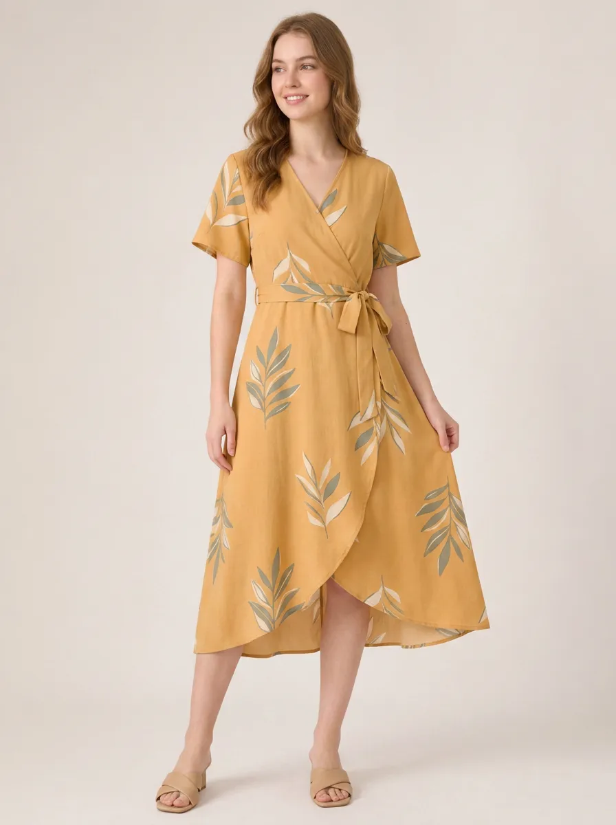 Women's Botanical Nature-Inspired Leaf Curved-Hem Wrap Dress