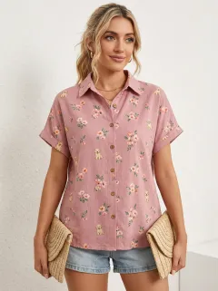 Dog Floral Button-Up Women's Loose Printed Shirt