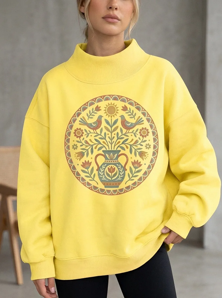 Women's Folk Art Bird Floral Vase Printed Sweatshirt