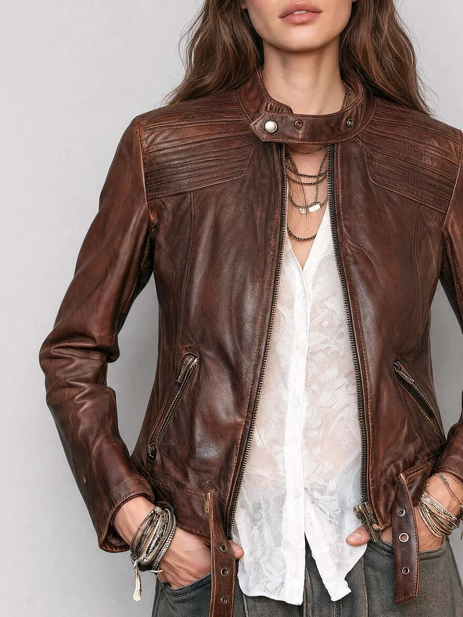 Vintage Brown Leather Moto With Quilted Shoulder Panels Jacket