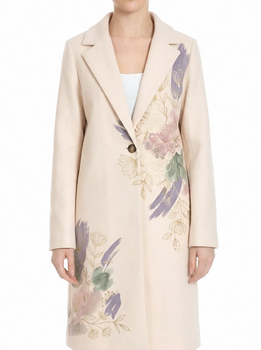 Women's Floral Art Grey Wool Blend Printed Coat