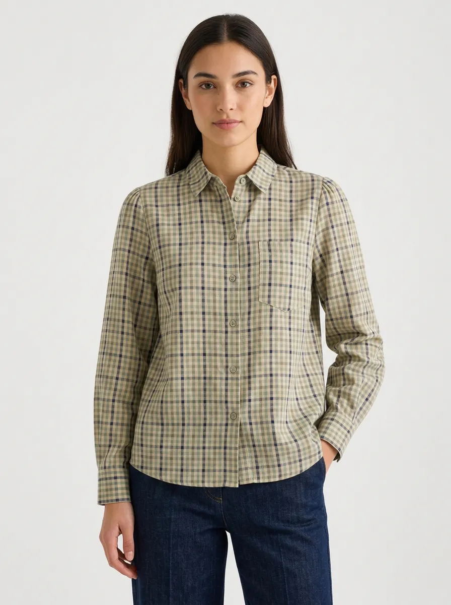 Women's Casual Style Beige Plaid Pattern Printed Long Sleeve Shirt
