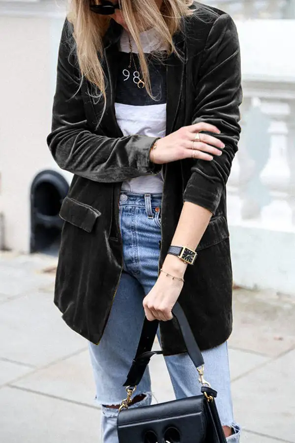 Lapel-Collar Velvet Polyester Tailored Blazer