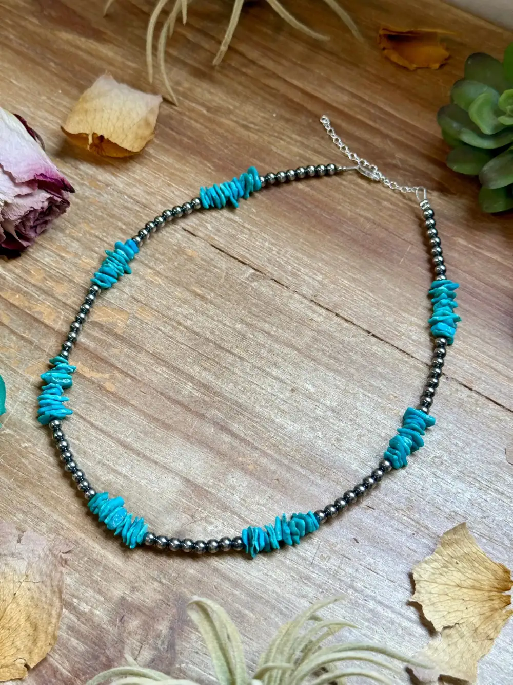 Beaded Adjustable Turquoise Sterling Silver Necklace