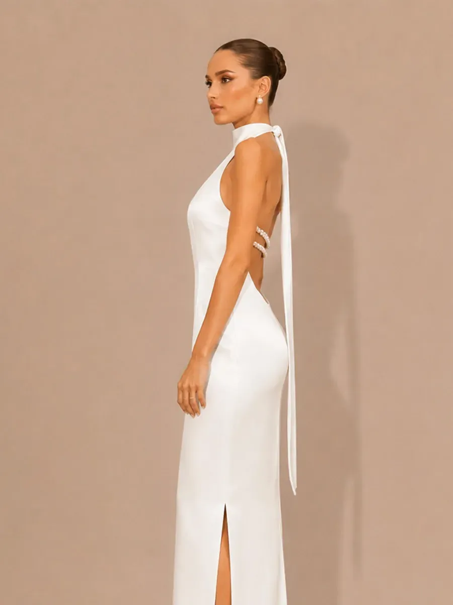 Selene Halter-Neck Beaded-Back Maxi Dress