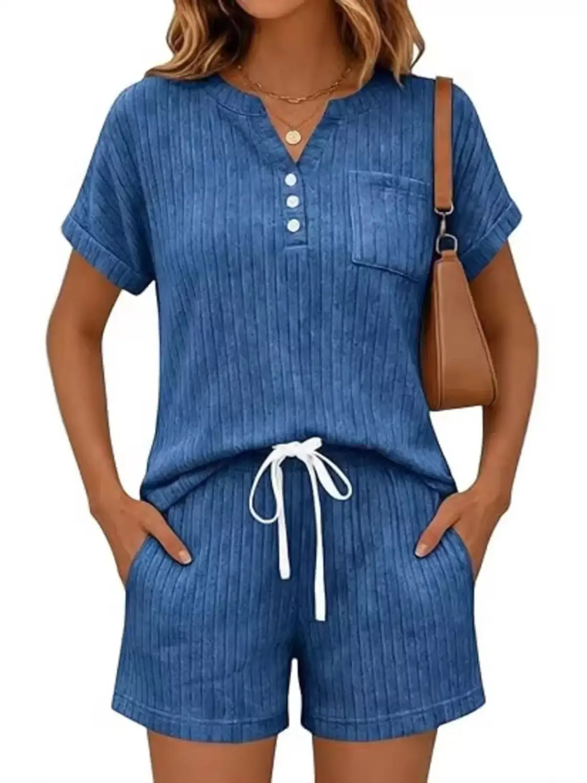 Drawstring Pocketed Ribbed Tee and Shorts Matching Set