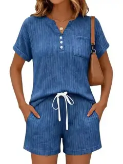 Drawstring Pocketed Ribbed Tee and Shorts Matching Set