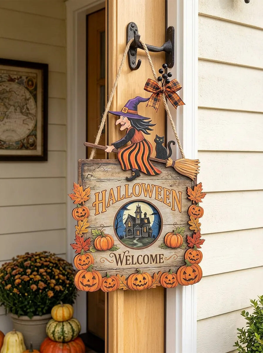 Halloween Witch Pumpkin Haunted House Hanging Door Sign