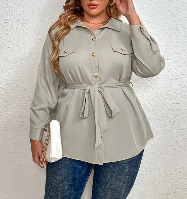 Plus Size Tie Lapel Cardigan Shirt Jacket