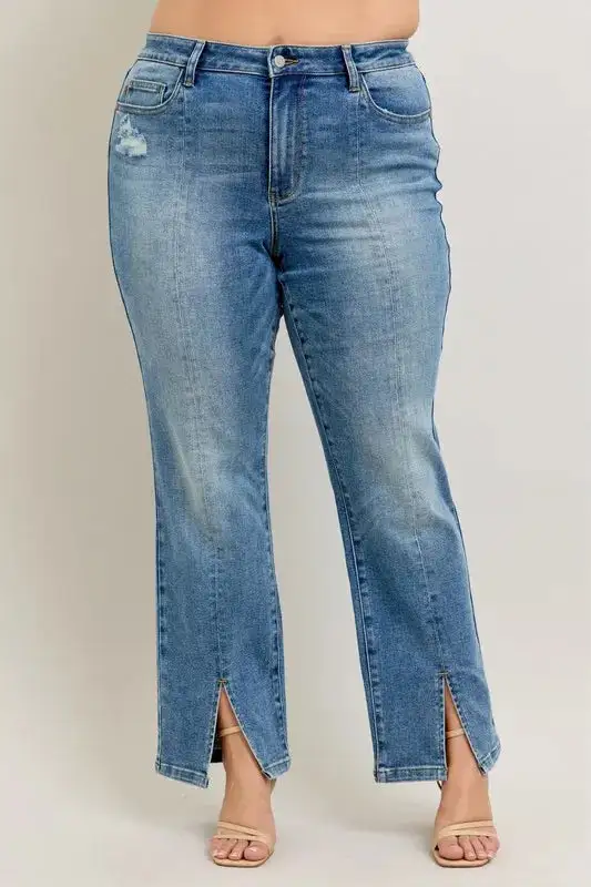 Full Size High Waist Vintage Wash Front Seam & Slit Straight Plus Size