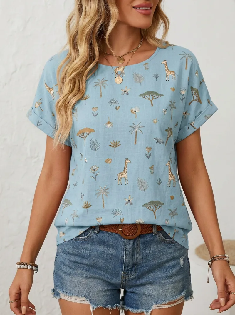Giraffe Floral Tropical Women's Loose Printed T-Shirt