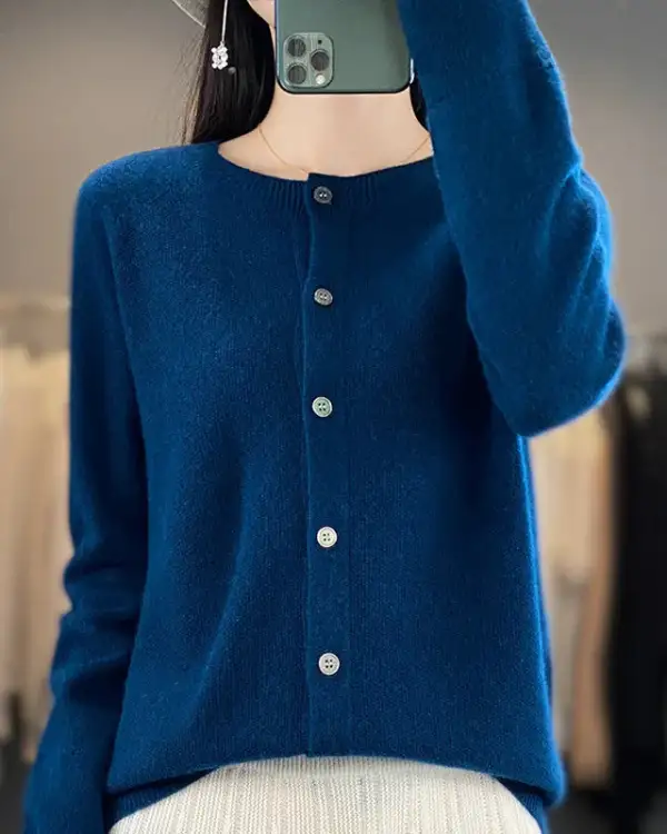 Refined Wool Button-Front Round-Neck Cardigan