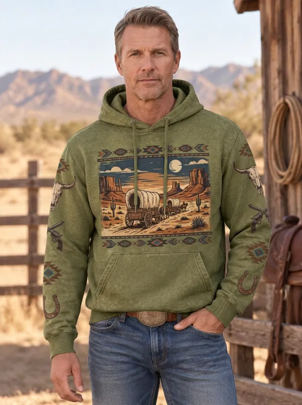Men's Western Cowboy Desert Wagon Graphic Hoodie
