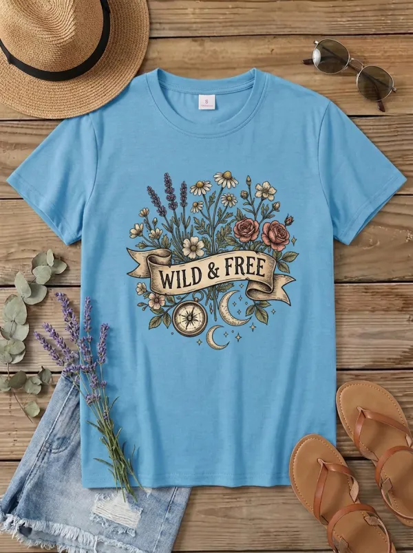 Wild And Free Floral Compass Moon T-Shirt