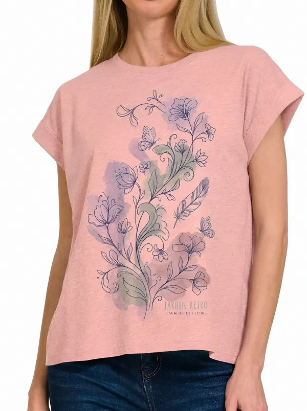 Women's Botanical Floral Butterfly Feather Printed T-shirt