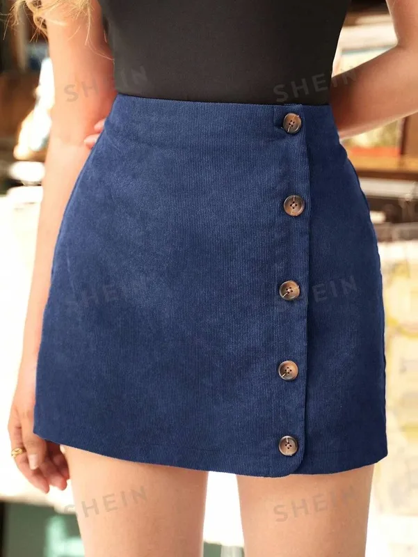 Blue Straight Button Front Skirt