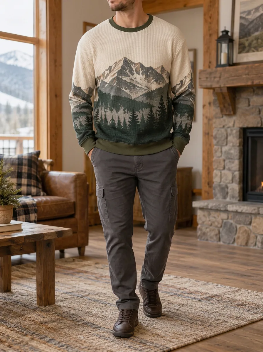 Men's Contemporary Mountain Forest Nature Waffle Zip Hoodie