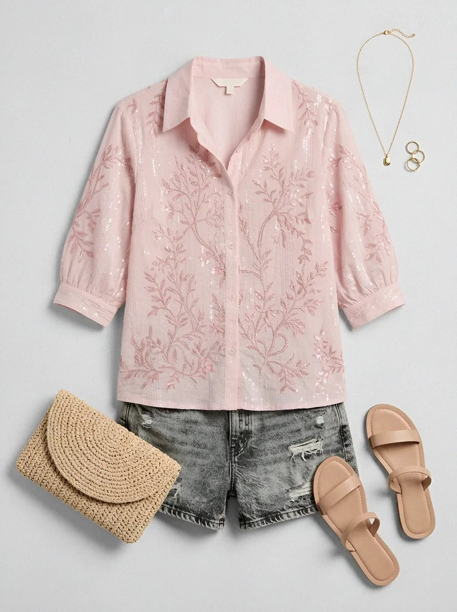 Women's Breast Cancer Awareness Pink Floral Embroidered Button-Down Shirt
