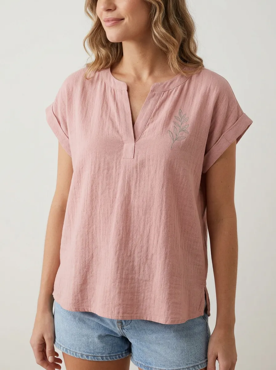 Women's Botanical Minimalist Leaf Printed V-neck Cotton And Linen Top